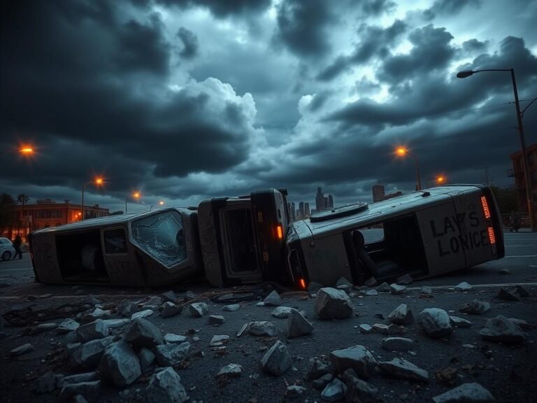 Flick International Dramatic aftermath of an anti-ICE protest in Los Angeles featuring overturned law enforcement vehicles and graffiti.