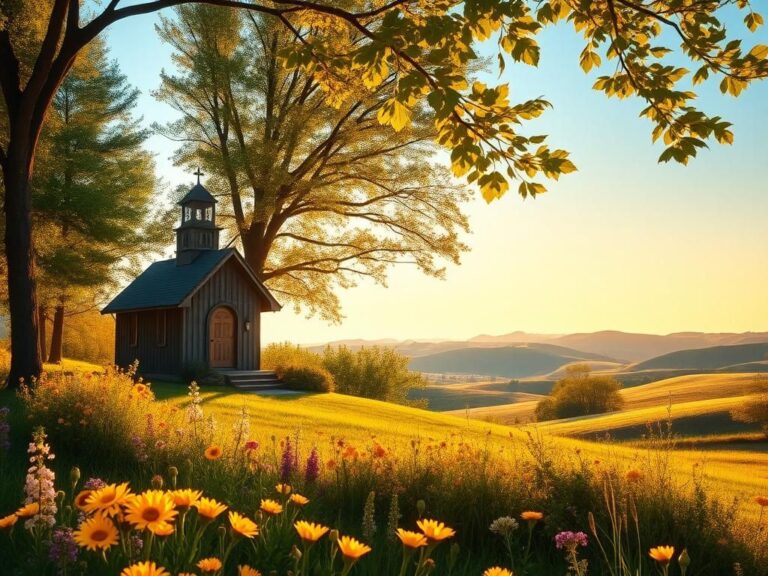 Flick International A serene landscape depicting a rustic chapel surrounded by lush trees in Tennessee, symbolizing faith and reflection.