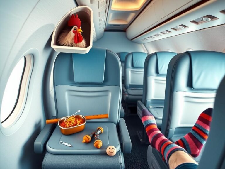 Flick International A whimsical airplane cabin interior featuring a rooster and unusual items