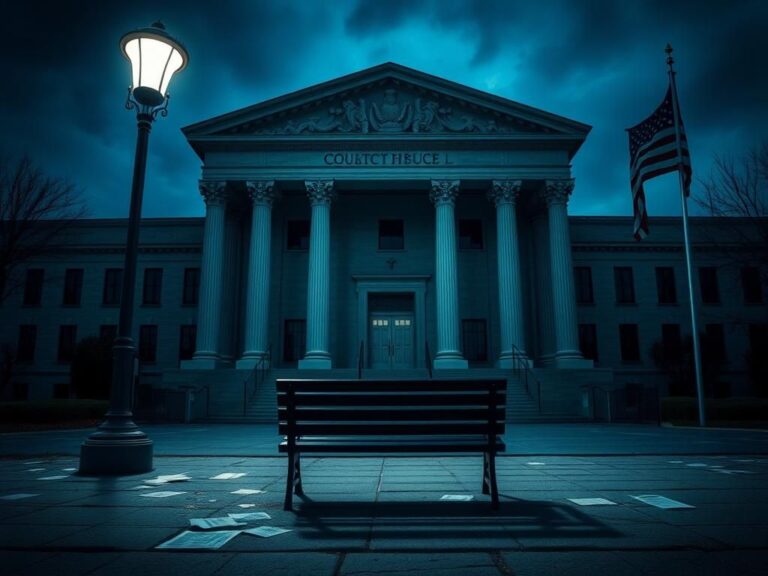 Flick International Somber courthouse scene at dusk with a grand building and cold metallic bars.