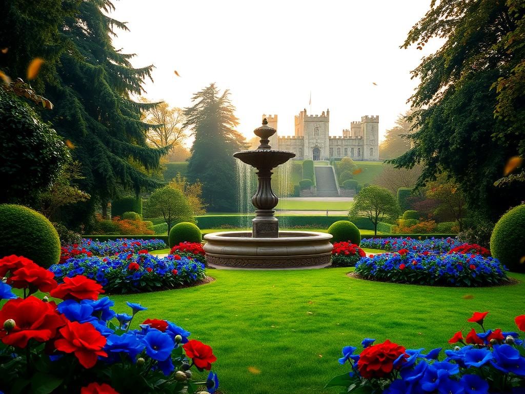 Flick International A regal garden scene representing the British monarchy with a historic fountain and vibrant flowers