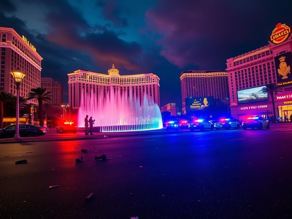 Flick International Nighttime scene of the Las Vegas Strip with Bellagio fountains, police lights amidst scattered debris
