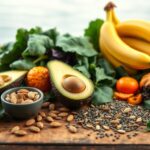 Flick International Arrangement of magnesium-rich foods including almonds, avocado, bananas, and leafy greens on a wooden table