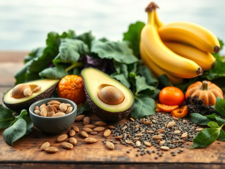 Flick International Arrangement of magnesium-rich foods including almonds, avocado, bananas, and leafy greens on a wooden table