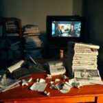 Flick International Dimly lit room filled with newspapers about Biden's cognitive decline