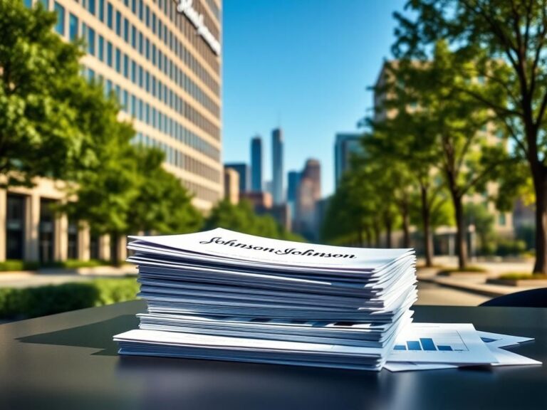 Flick International Johnson & Johnson corporate building facade with logo and DEI documents on table