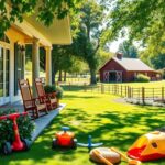 Flick International A serene backyard scene showcasing a welcoming porch and children's toys