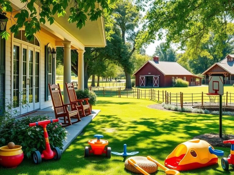 Flick International A serene backyard scene showcasing a welcoming porch and children's toys