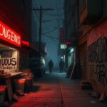 Flick International Dimly lit street in Queens, New York with red neon lights and cluttered vendor stalls