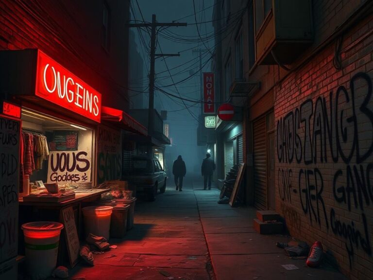 Flick International Dimly lit street in Queens, New York with red neon lights and cluttered vendor stalls