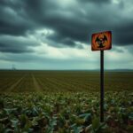 Flick International Dark agricultural field under an overcast sky with wilting crops and a biohazard sign
