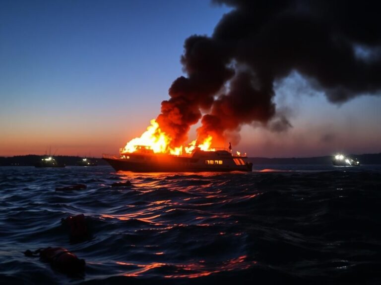 Flick International A large boat engulfed in flames on the water near City Island, with smoke billowing into the twilight sky.