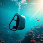 Flick International Futuristic underwater jetpack backpack, the CudaJet, amidst vibrant coral reefs and colorful fish