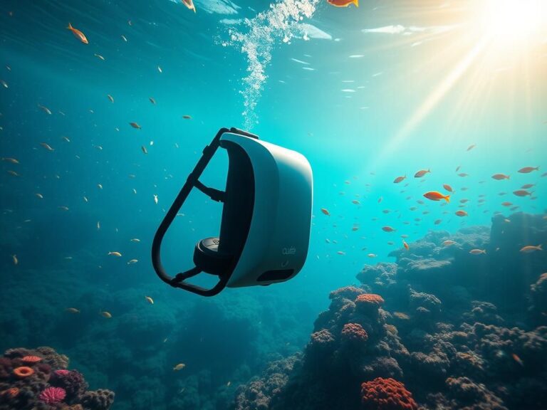Flick International Futuristic underwater jetpack backpack, the CudaJet, amidst vibrant coral reefs and colorful fish