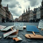 Flick International Discarded protest signs on a cobblestone street in Brussels, illustrating a recent confrontation over transgender medical treatments for children