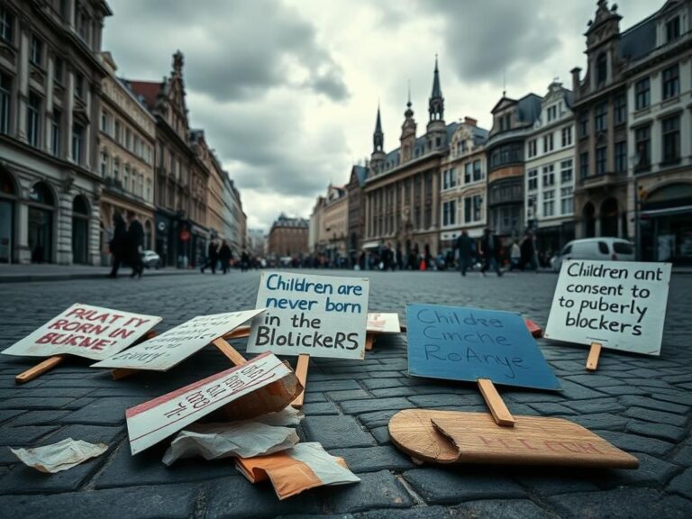 Flick International Discarded protest signs on a cobblestone street in Brussels, illustrating a recent confrontation over transgender medical treatments for children