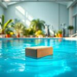 Flick International Indoor pool scene with blue water and a rubber brick for underwater workouts