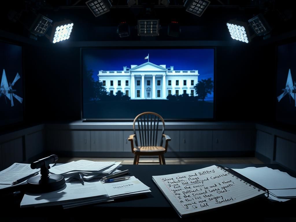 Flick International Dimly lit newsroom with 'Breaking News' on screen and a political commentary desk