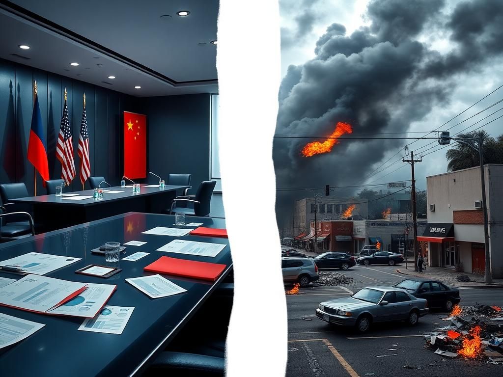 Flick International Split scene showcasing trade talks and LA riots