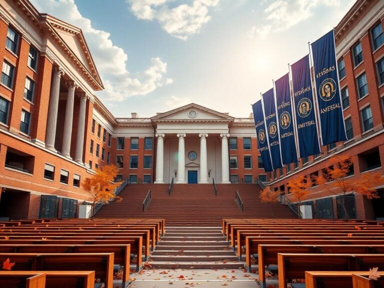 Flick International A university campus center with classical architecture and a large empty lecture hall symbolizing academic freedom.