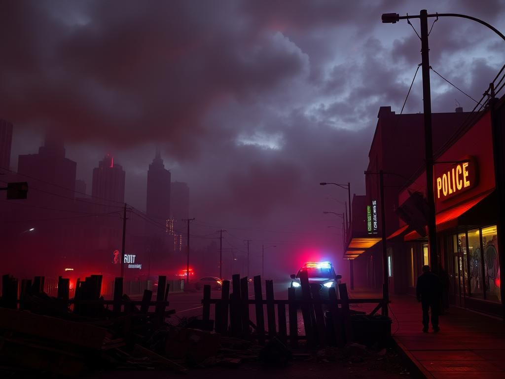 Flick International Dark urban landscape in Los Angeles with smoke and flames during protests