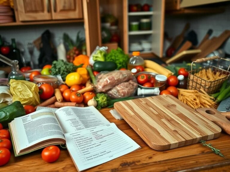 Flick International Cluttered kitchen counter with vibrant grocery items and an open recipe book