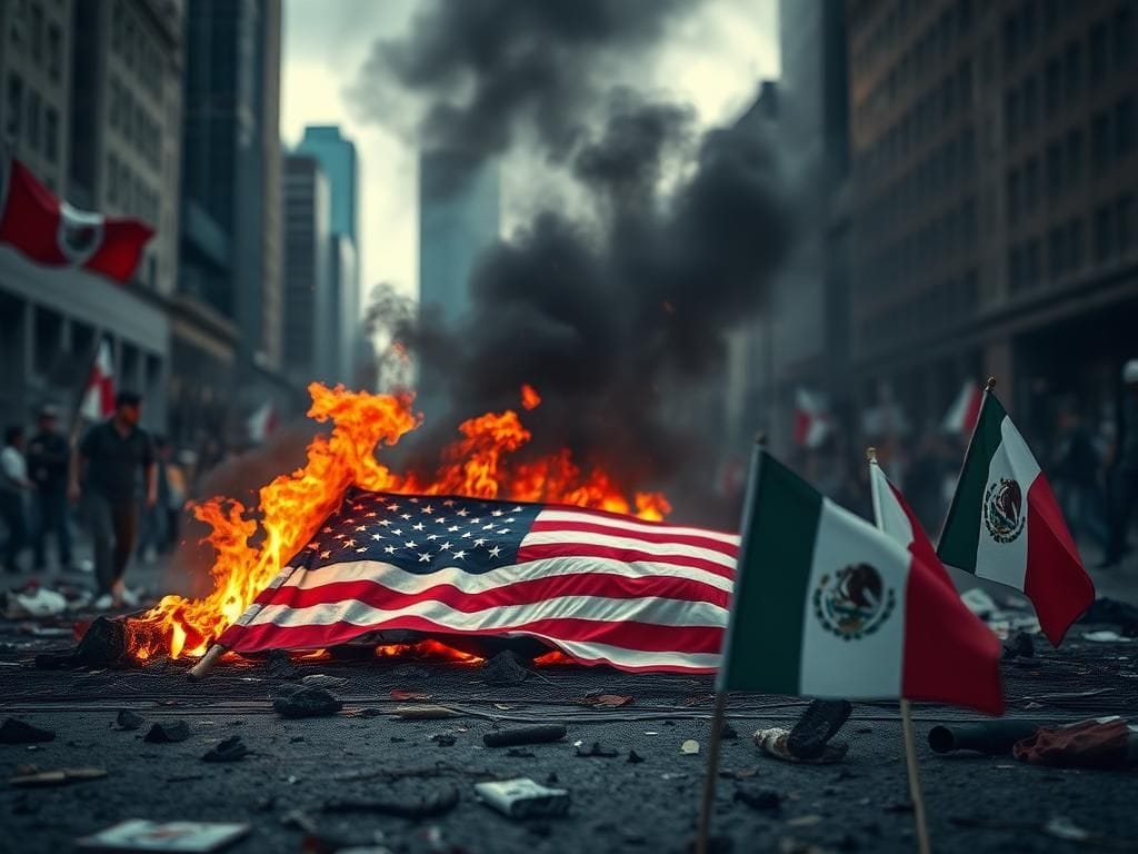 Flick International charred American flag surrounded by glowing embers and smoke