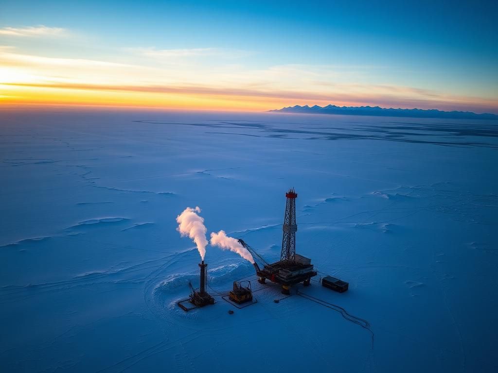 Flick International Aerial view of the North Slope of Alaska showcasing oil drilling rigs amidst the snow-covered tundra