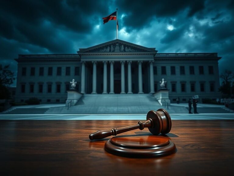 Flick International Exterior view of a grand government building with large columns and a flag, under a stormy sky