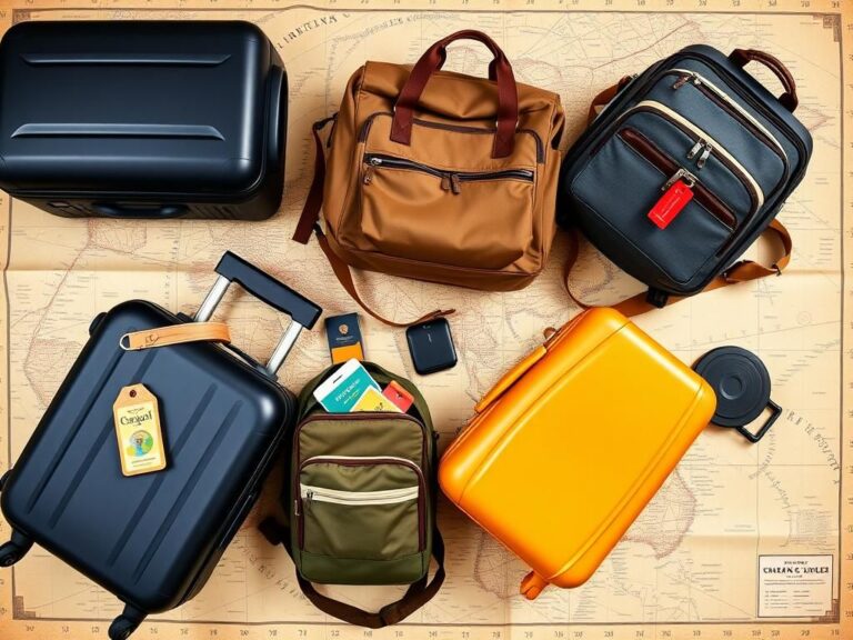 Flick International Flat lay of various stylish luggage options including hard-shell suitcase and vibrant children's suitcase on textured travel-themed surface