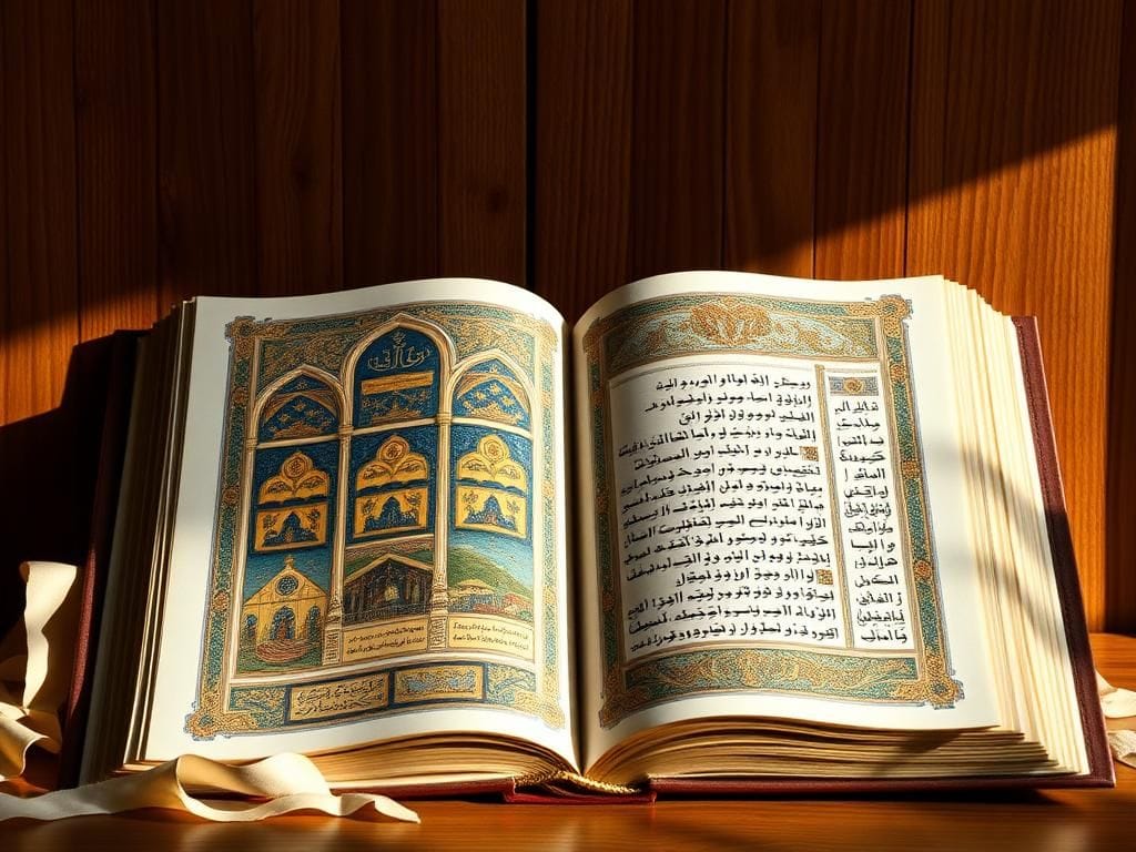 Flick International Intricately illuminated page of the 14th-century Shem Tov Bible showcasing gothic arches and vivid motifs.