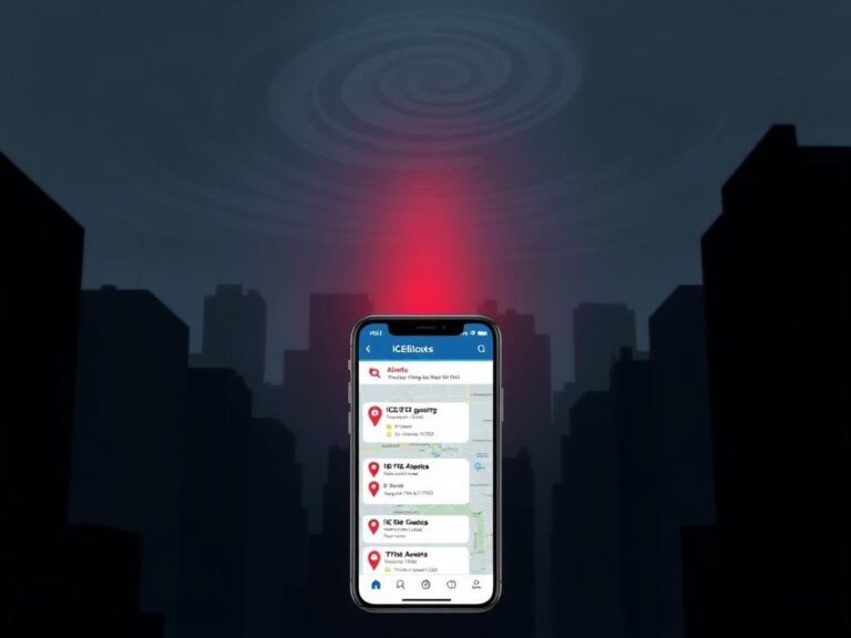 Flick International Abstract digital artwork depicting a smartphone screen displaying the ICEBlock app in a tense urban landscape at dusk