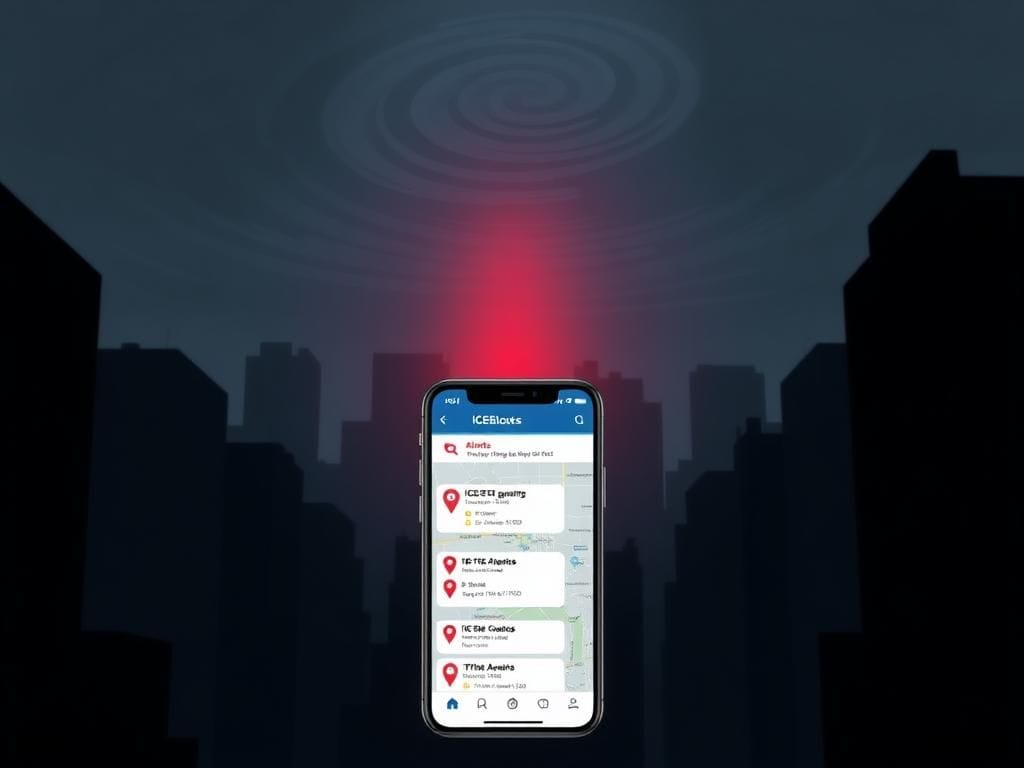 Flick International Abstract digital artwork depicting a smartphone screen displaying the ICEBlock app in a tense urban landscape at dusk