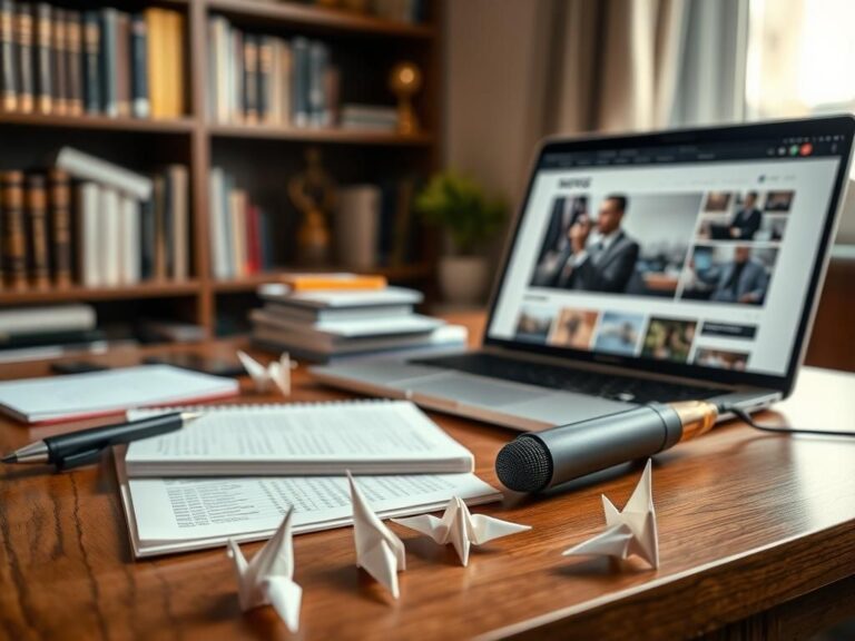 Flick International A close-up shot of a reporter's notepad and microphone on a wooden desk