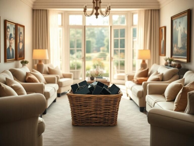 Flick International Cozy living room filled with soft lighting and plush furniture, showcasing a no-phone policy.