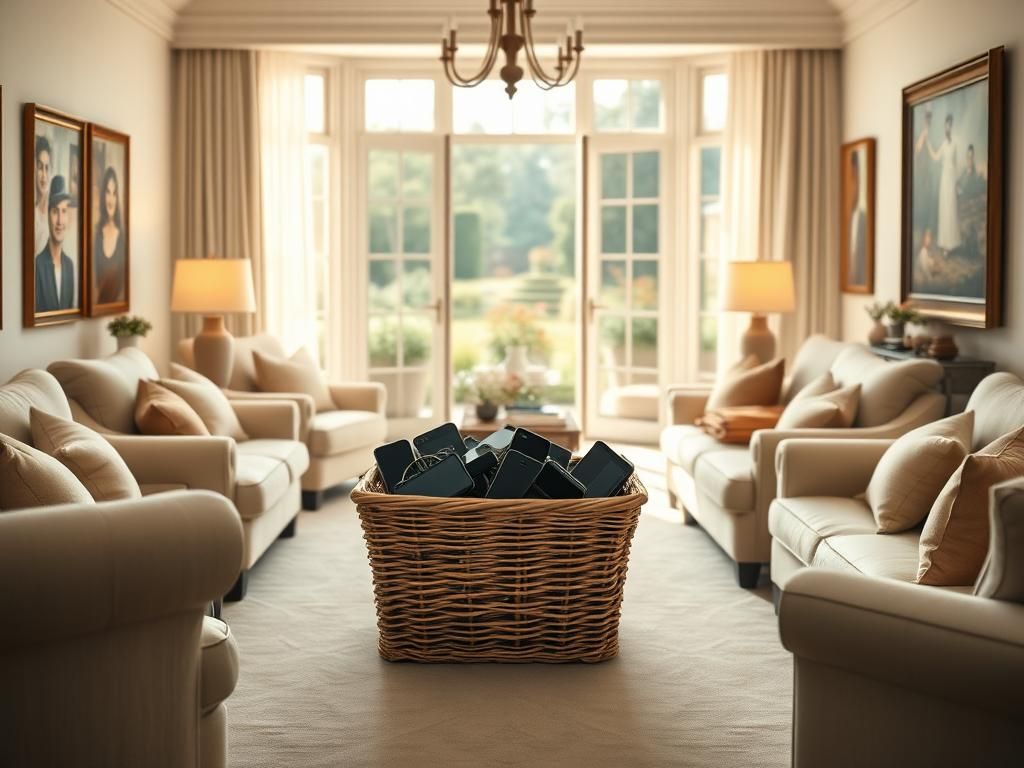 Flick International Cozy living room filled with soft lighting and plush furniture, showcasing a no-phone policy.