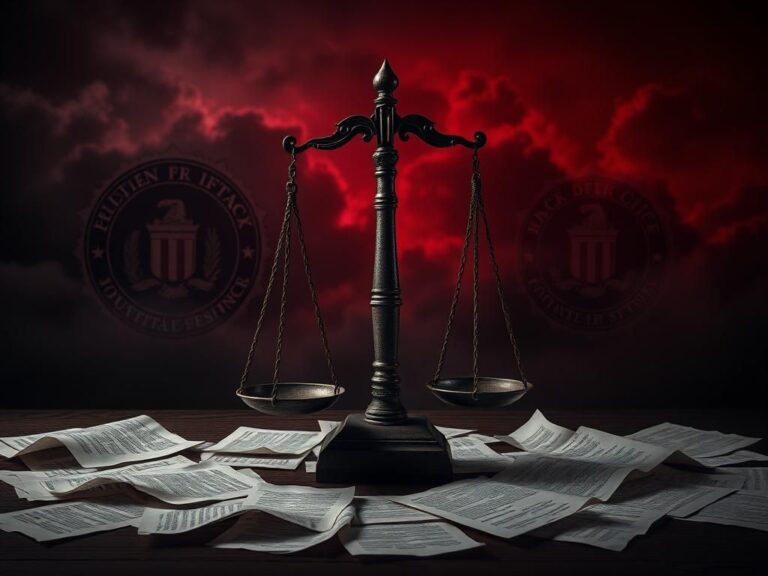 Flick International Abstract representation of FBI and CIA logos intertwined with a weathered scale of justice