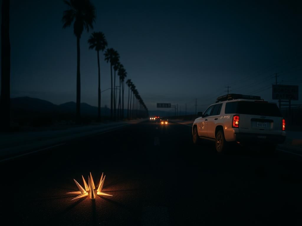 Flick International Dark, deserted road in Southern California with homemade tire spikes and an abandoned Border Patrol vehicle