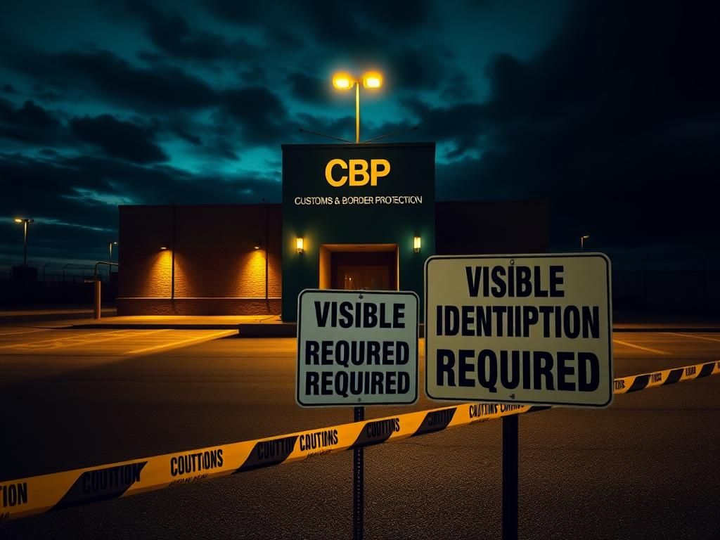 Flick International Deserted law enforcement building at dusk with visible CBP sign
