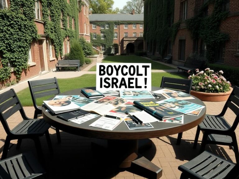 Flick International Collage of a college campus scene highlighting activism with diverse pamphlets and a 'Boycott Israel' sign