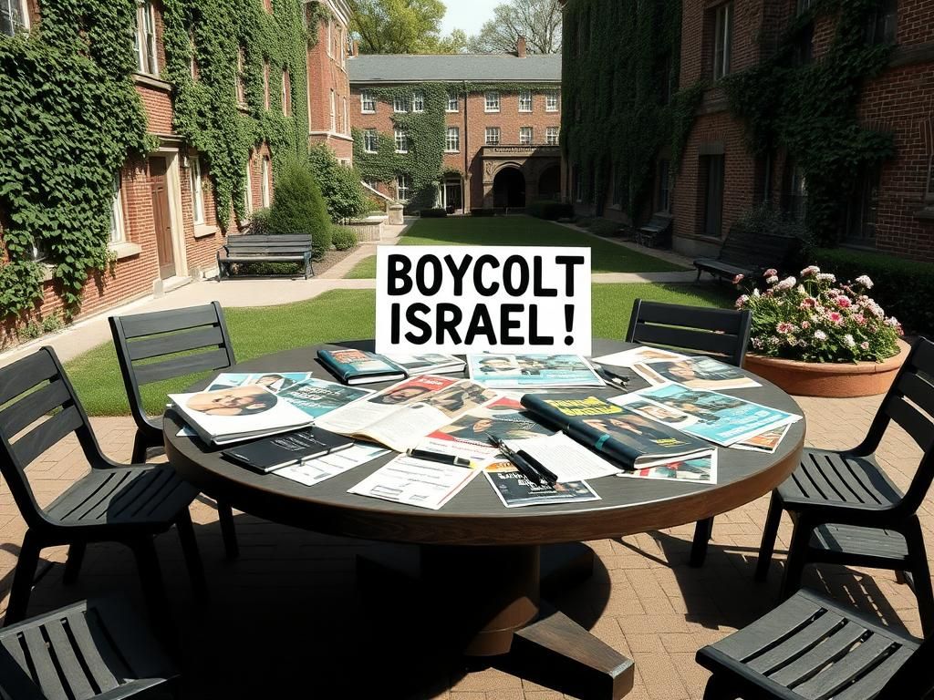 Flick International Collage of a college campus scene highlighting activism with diverse pamphlets and a 'Boycott Israel' sign