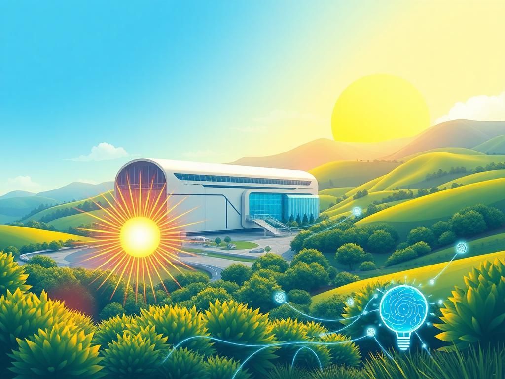 Flick International Illustration of a futuristic fusion power plant surrounded by greenery