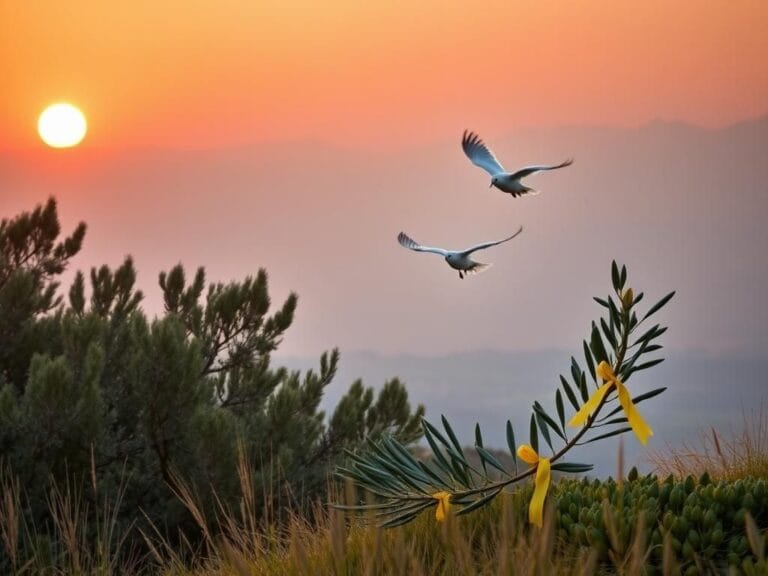 Flick International Aerial view of a serene landscape with olive trees and doves symbolizing peace