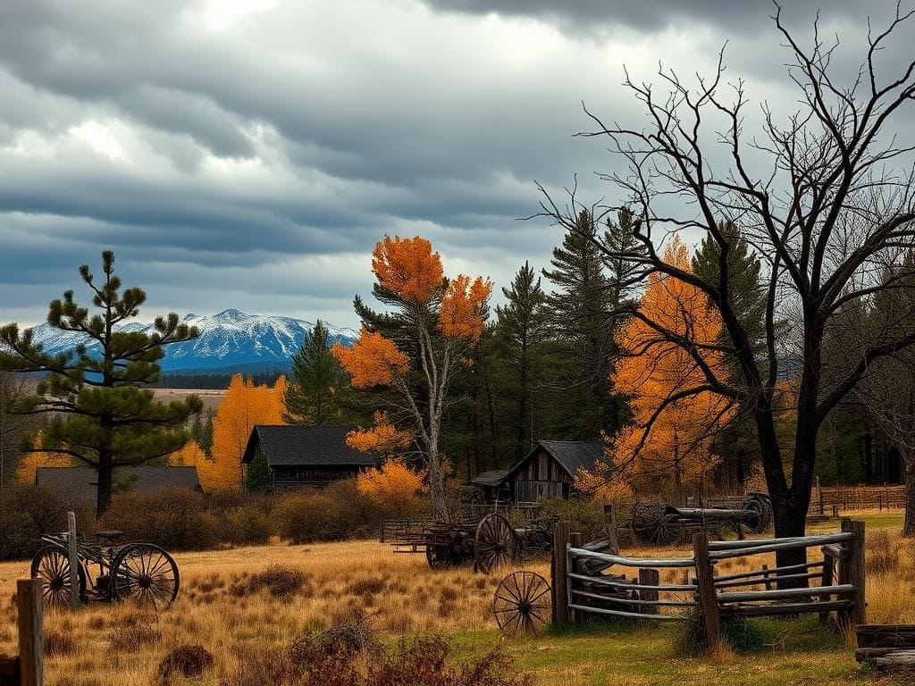 Flick International A dramatic landscape of Alamosa, Colorado, showcasing snow-capped mountains and a serene forest with autumn leaves