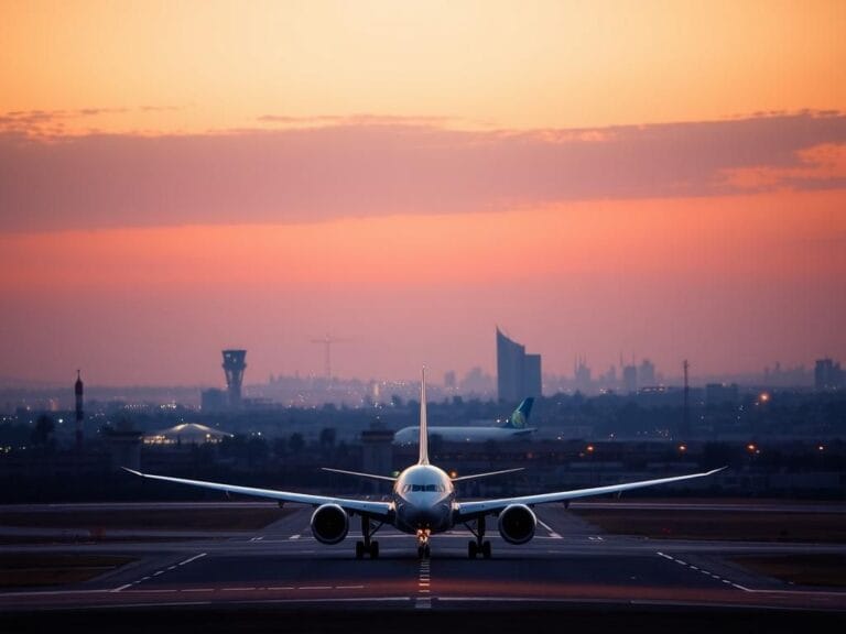 Flick International A serene aerial view of Ben Gurion Airport at sunset featuring a United Airlines Boeing 787-10 preparing for takeoff.