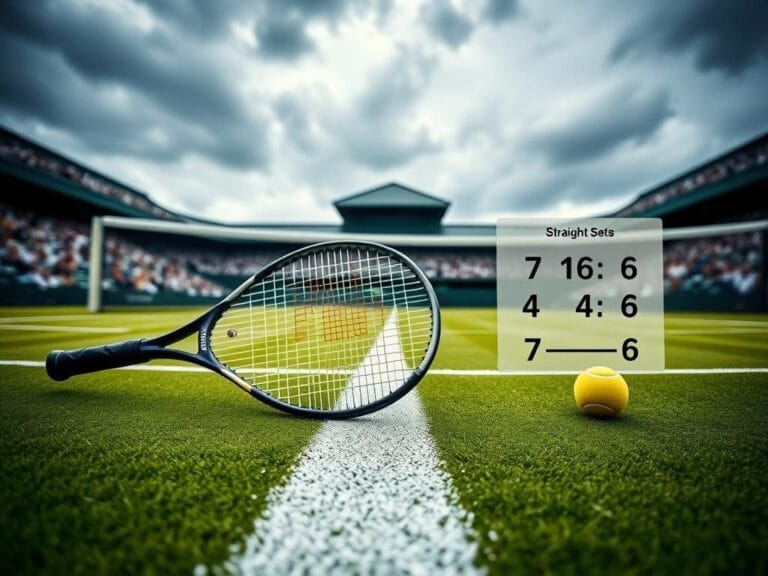 Flick International Tennis court scene at Wimbledon showcasing a tennis racket and a motionless ball symbolizing Ben Shelton's defeat