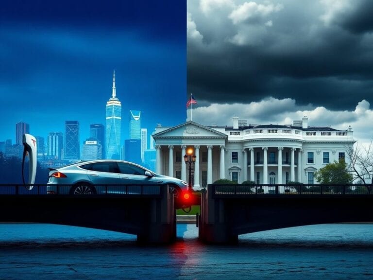 Flick International A visually striking image representing tension between innovation and political turmoil, featuring an electric vehicle and the White House.