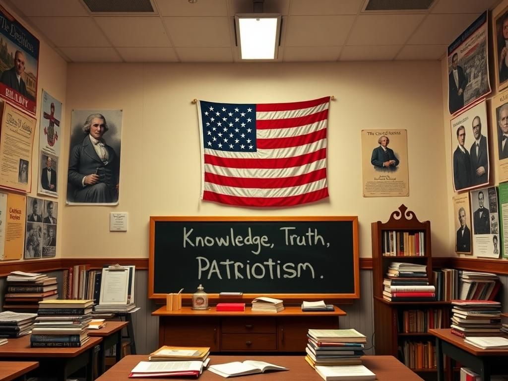Flick International Classroom scene displaying an American flag and educational posters promoting patriotism and traditional values