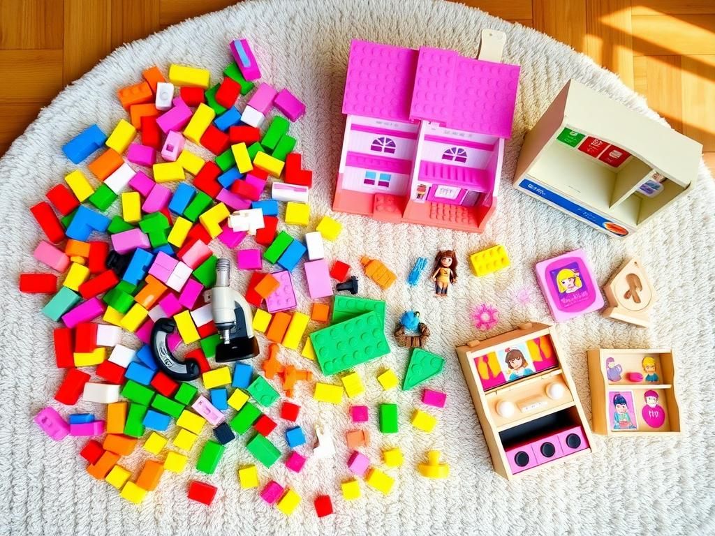 Flick International A vibrant flat lay of colorful toys including LEGO bricks, a Barbie townhouse, and PicassoTiles on a textured rug.
