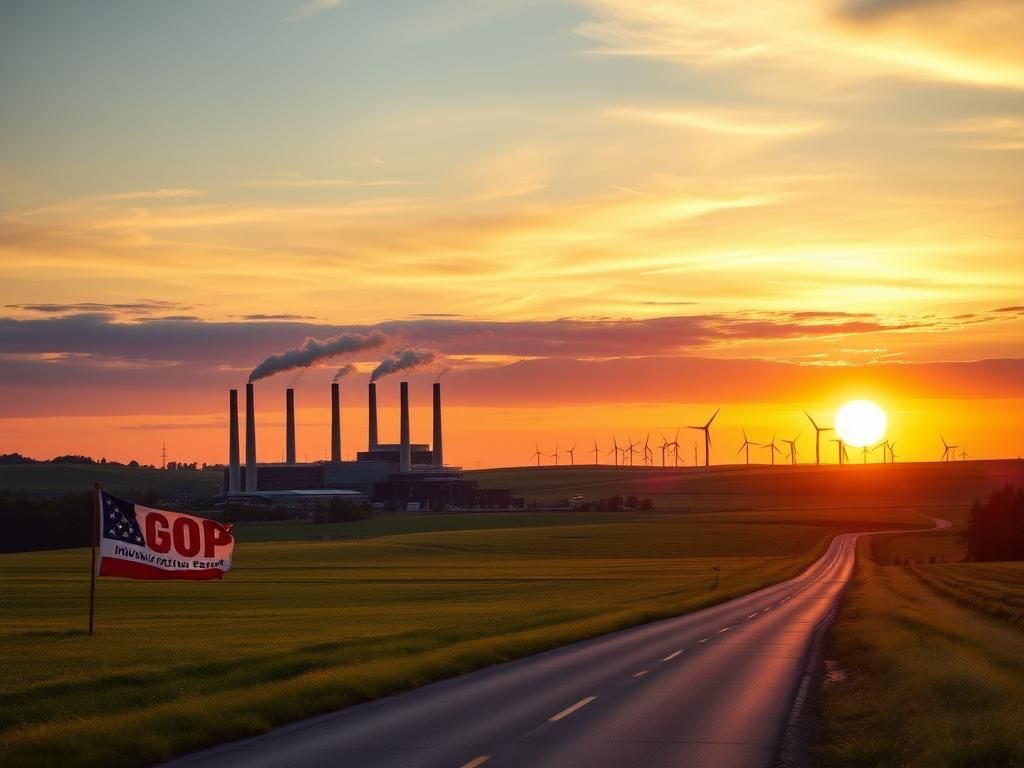 Flick International Serene Wisconsin landscape at sunset with a manufacturing plant in the foreground and wind turbines on the horizon